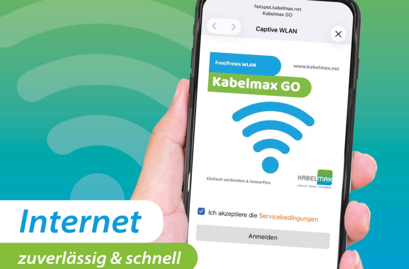 Smartphone mit WLAN-Anmeldeseite von Kabelmax GO für kostenloses WLAN im Lausitzbad Hoyerswerda.