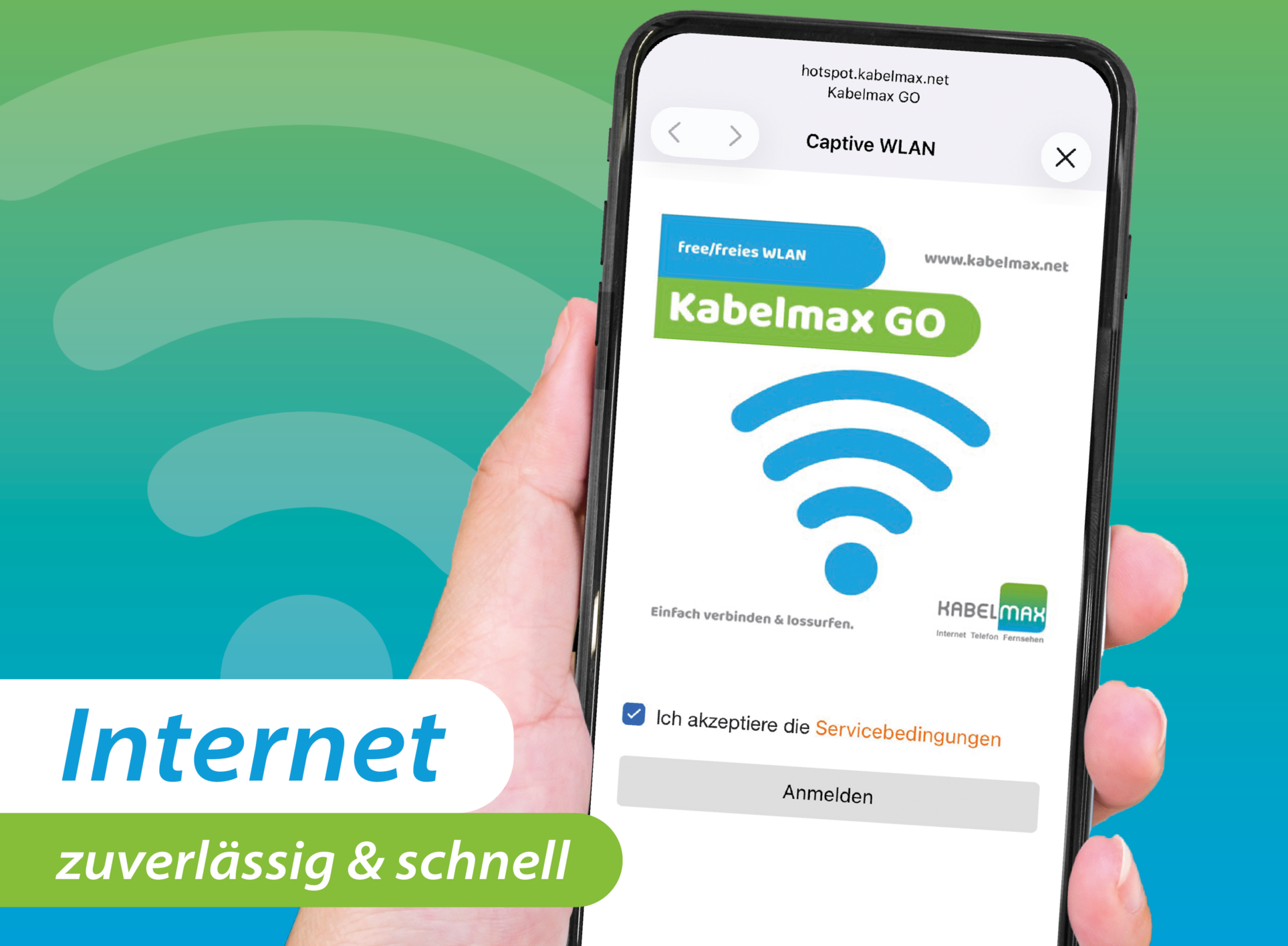 Smartphone mit WLAN-Anmeldeseite von Kabelmax GO für kostenloses WLAN im Lausitzbad Hoyerswerda.